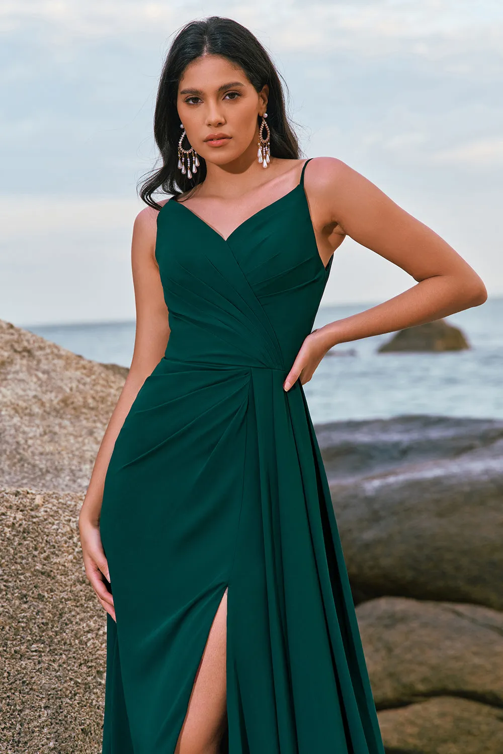 Dark Green A Line Spaghetti Straps Ruched Long Bridesmaid Dress with Slit sold by Zapaka product image thumbnail 5