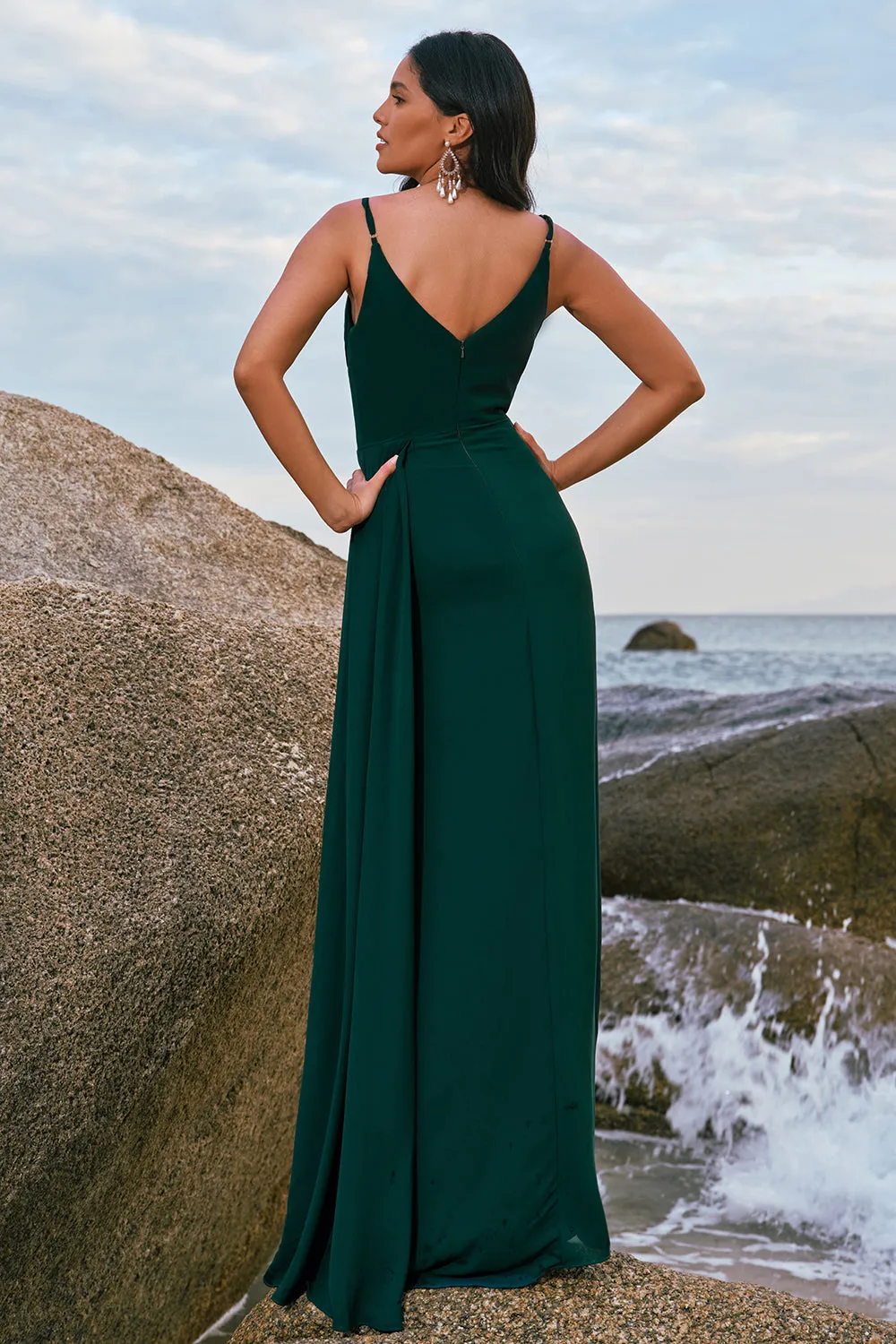 Dark Green A Line Spaghetti Straps Ruched Long Bridesmaid Dress with Slit sold by Zapaka product image thumbnail 2