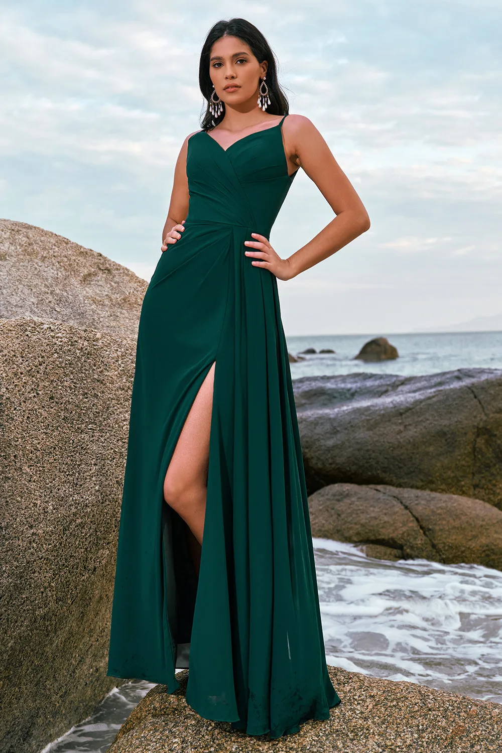 Dark Green A Line Spaghetti Straps Ruched Long Bridesmaid Dress with Slit sold by Zapaka product image thumbnail 4