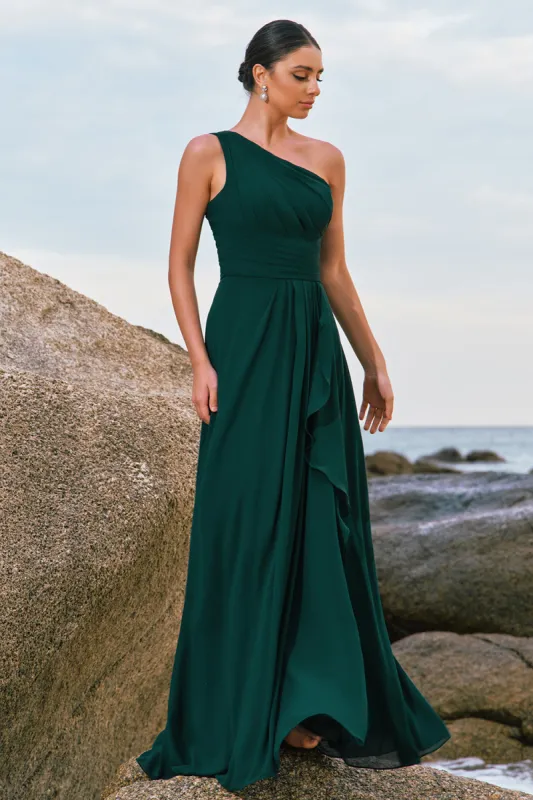 Dark Green A-Line One Shoulder Ruched Long Bridesmaid Dress sold by Zapaka