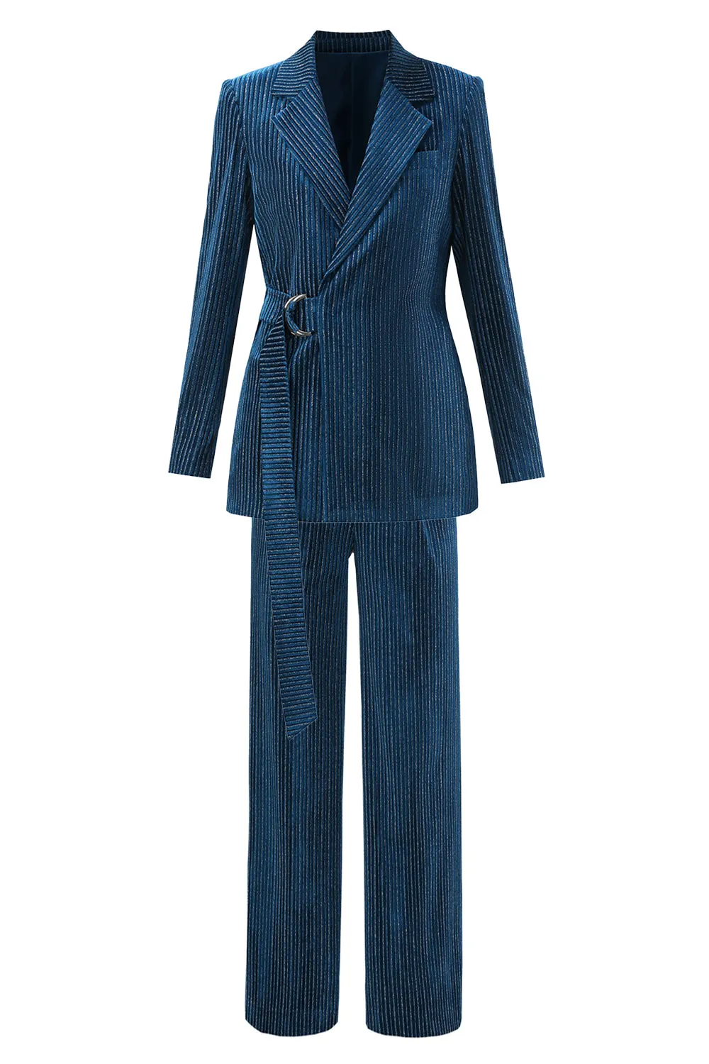Peacock Blue Stripes Notched Lapel 2 Pieces Women's Suits with Belt sold by Zapaka