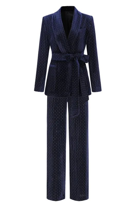 Navy Shawl Lapel 2 Pieces Women's Suits with Belt sold by Zapaka