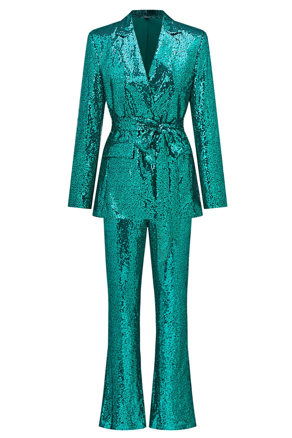 Glitter Green Sequins Notched Lapel Women Suits with Belt sold by Zapaka
