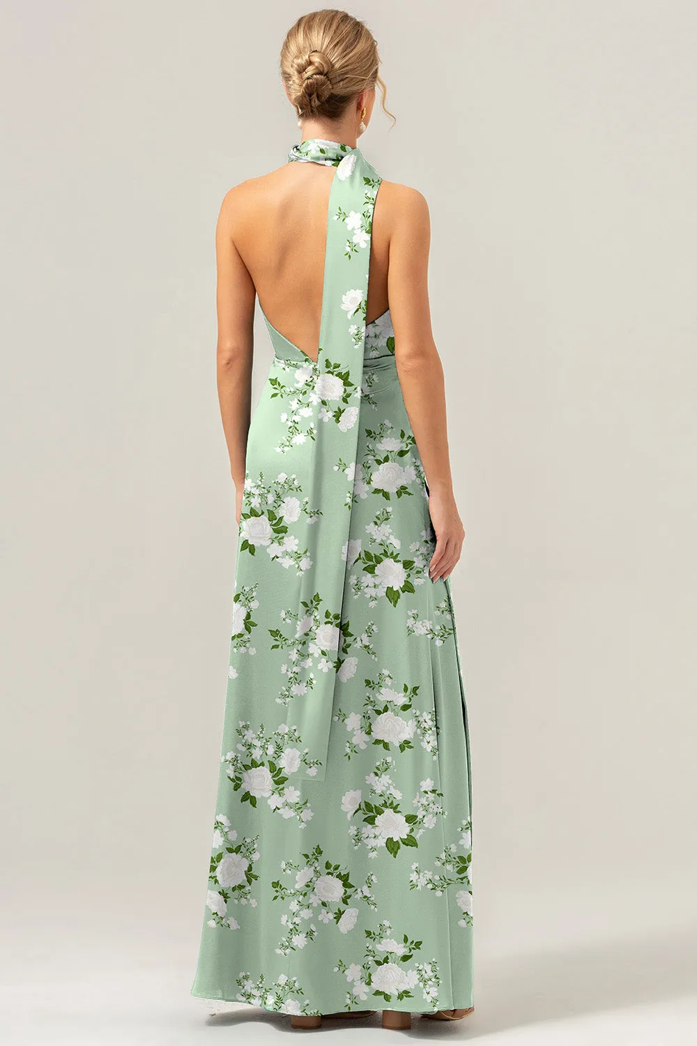Sage White Flower Sheath V-Neck Backless Long Bridesmaid Dress with Slit sold by Zapaka product image thumbnail 2