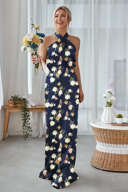 Navy Bloom Sheath Halter Neck Satin Long Bridesmaid Dress sold by Zapaka