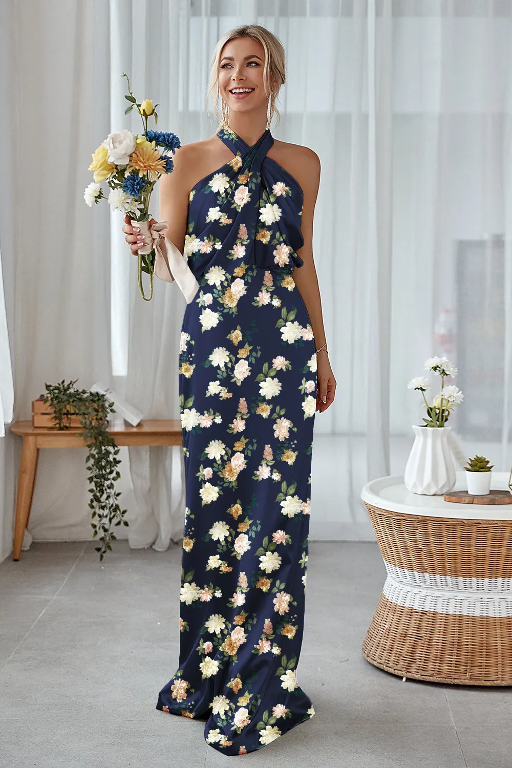 Navy Bloom Sheath Halter Neck Satin Long Bridesmaid Dress sold by Zapaka