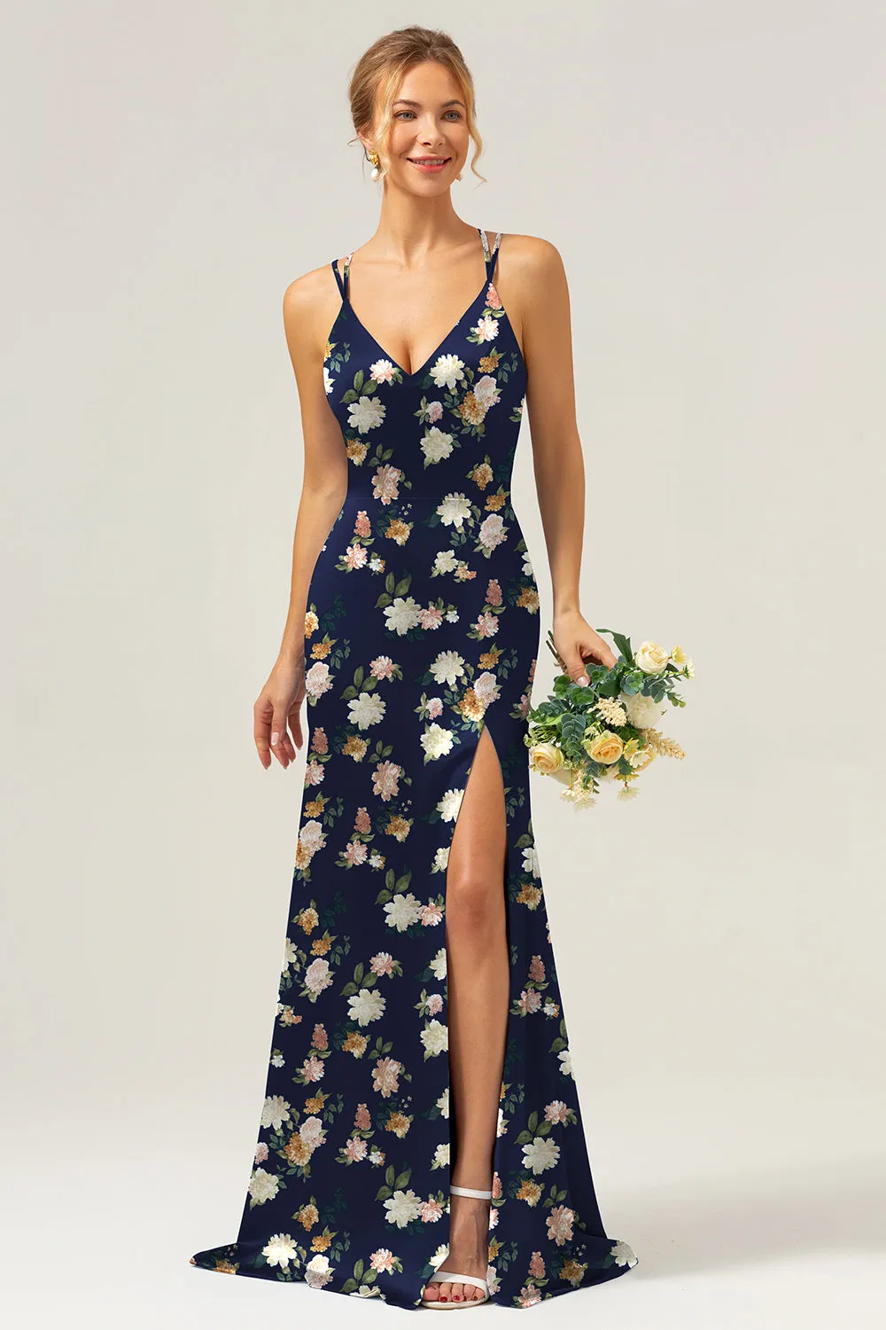Navy Bloom Mermaid Spaghetti Straps Long Satin Bridesmaid Dress with Slit sold by Zapaka