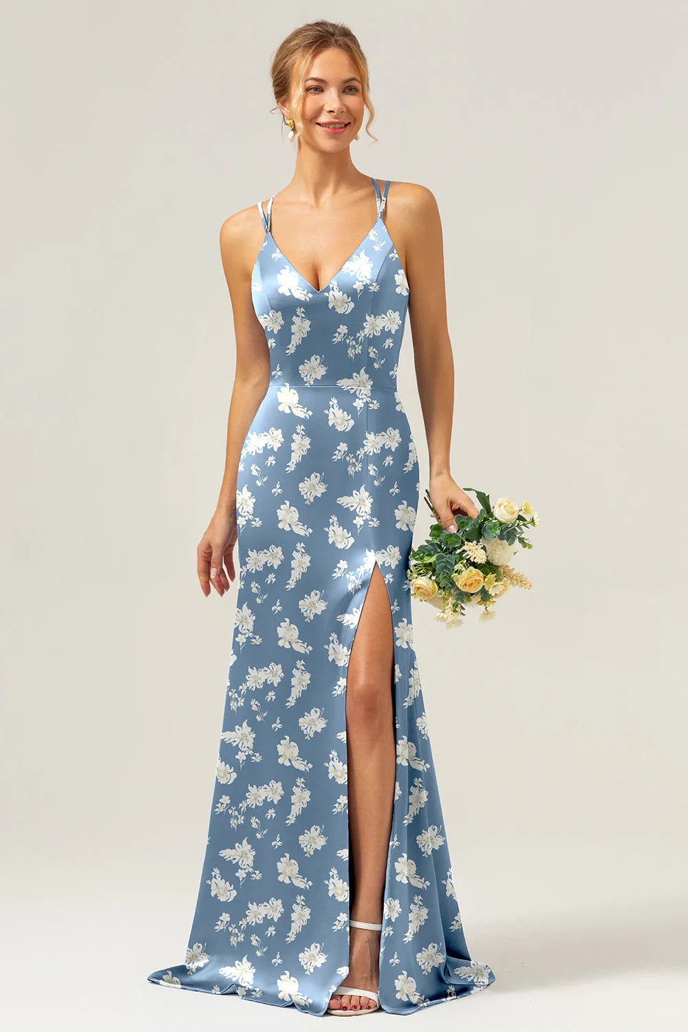 Navy Bloom Mermaid Spaghetti Straps Long Satin Bridesmaid Dress with Slit sold by Zapaka product image thumbnail 5