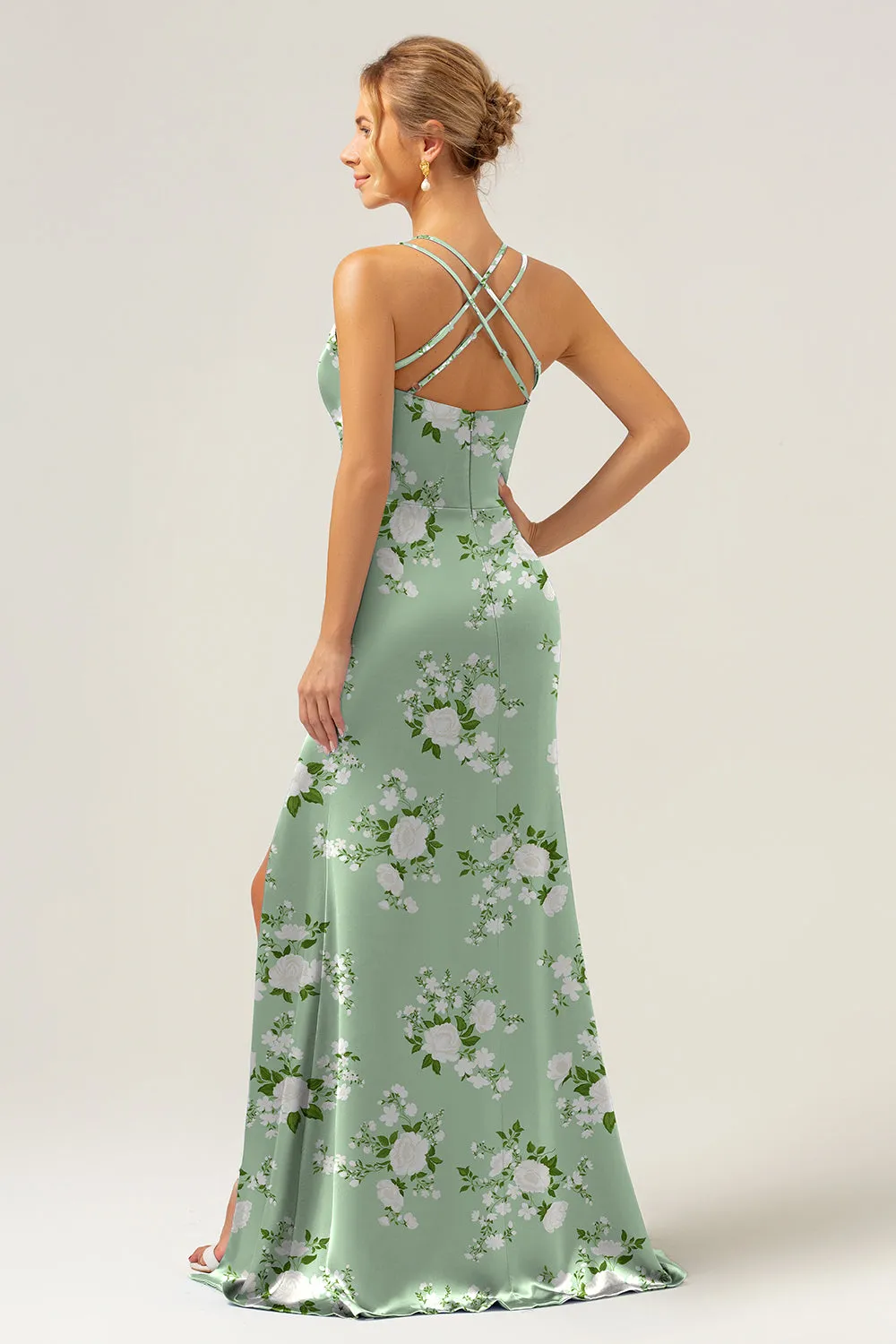 Navy Bloom Mermaid Spaghetti Straps Long Satin Bridesmaid Dress with Slit sold by Zapaka product image thumbnail 4