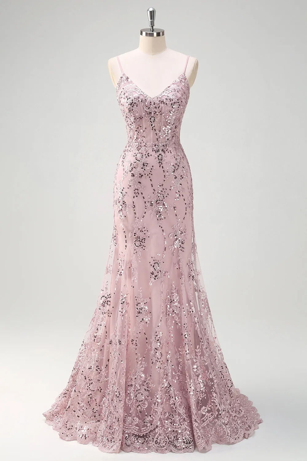 Sparkly Grey Pink Mermaid V-Neck Sequined Prom Dress with Lace Up Back sold by Zapaka