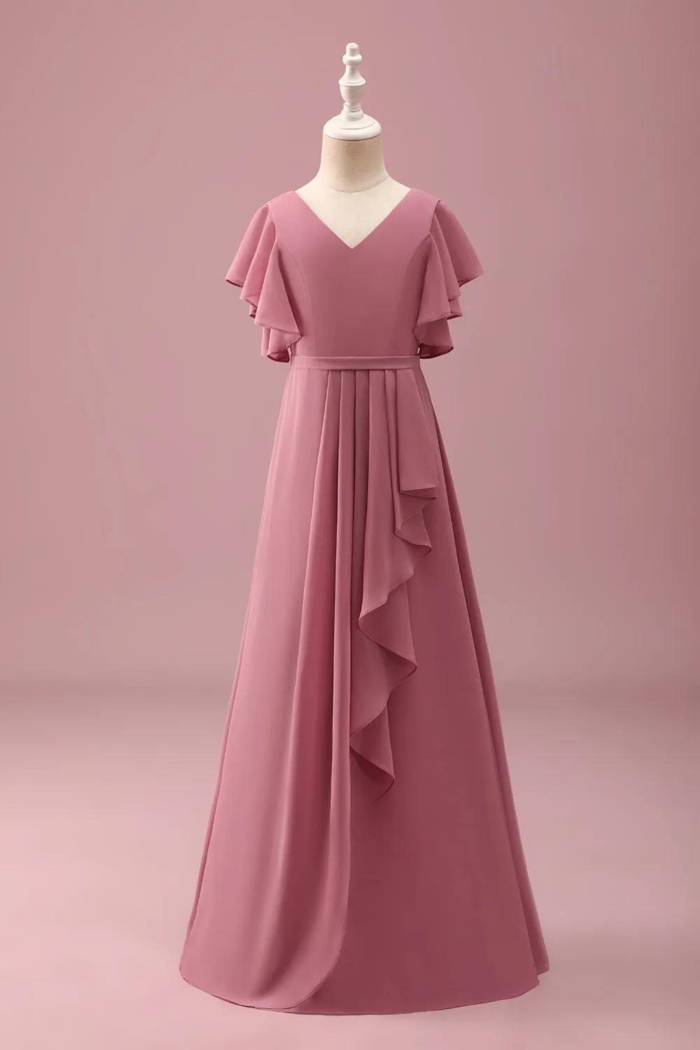 Desert Rose Chiffon Batwing Sleeves A Line Ruffled Junior Bridesmaid Dress sold by Zapaka
