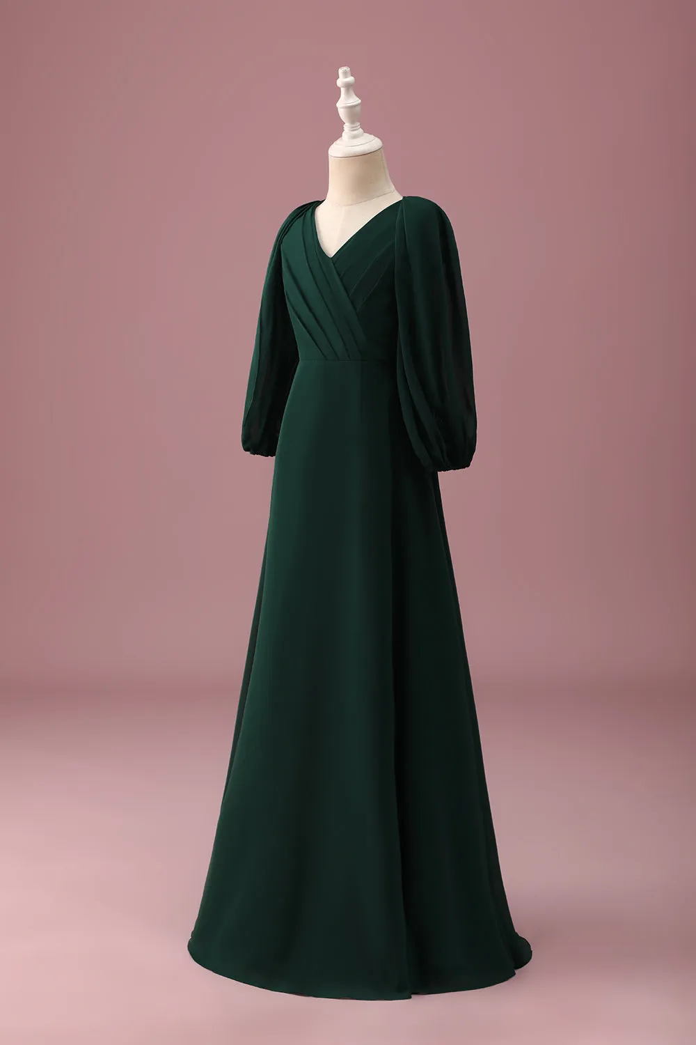 Pine Green A-Line V-Neck Chiffon Junior Bridesmaid Dress with Long Sleeves sold by Zapaka product image thumbnail 3