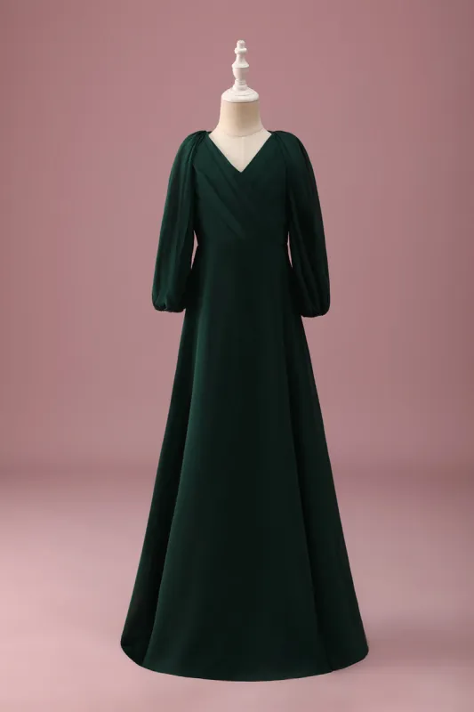 Pine Green A-Line V-Neck Chiffon Junior Bridesmaid Dress with Long Sleeves sold by Zapaka