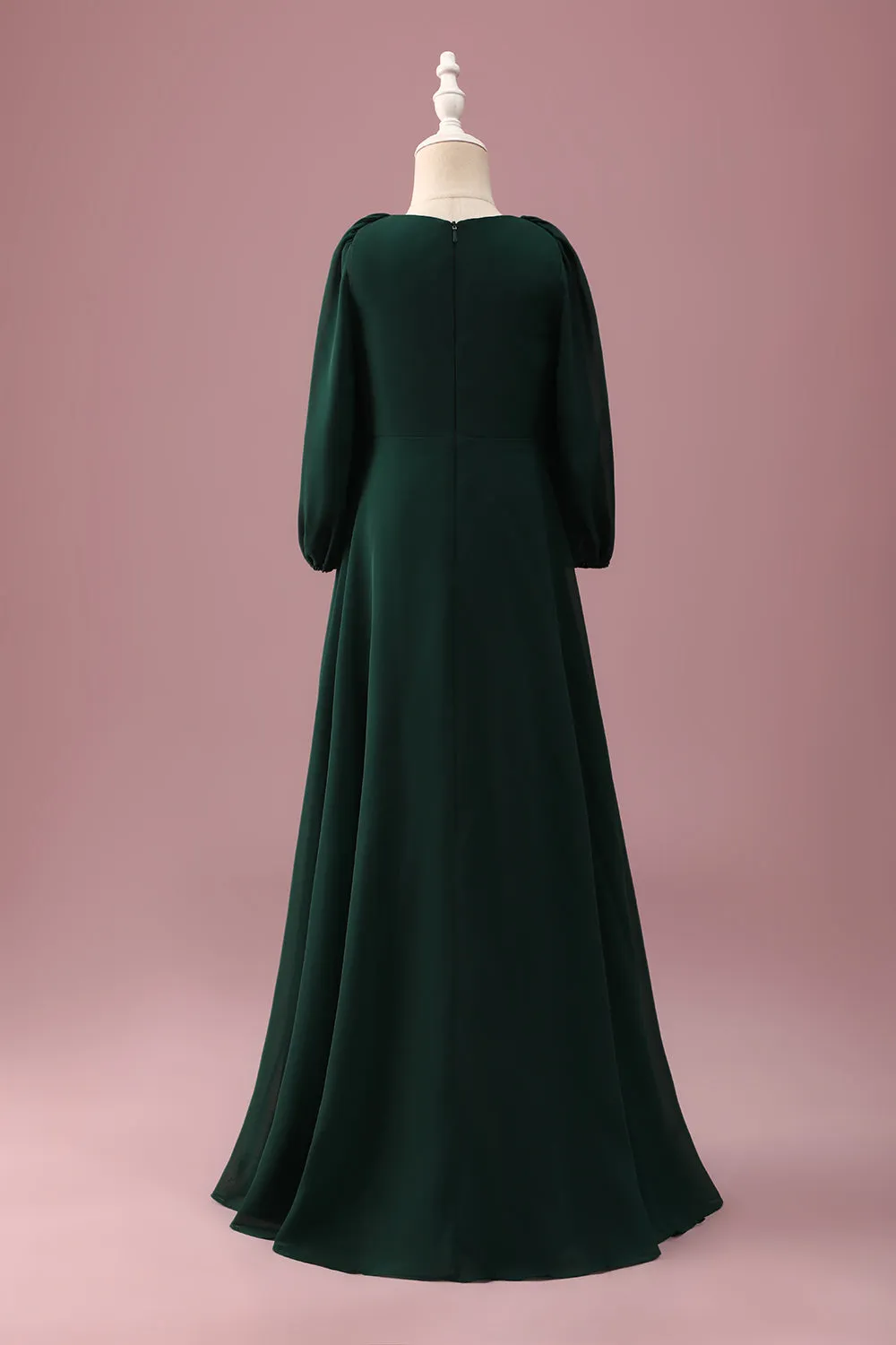 Pine Green A-Line V-Neck Chiffon Junior Bridesmaid Dress with Long Sleeves sold by Zapaka product image thumbnail 2
