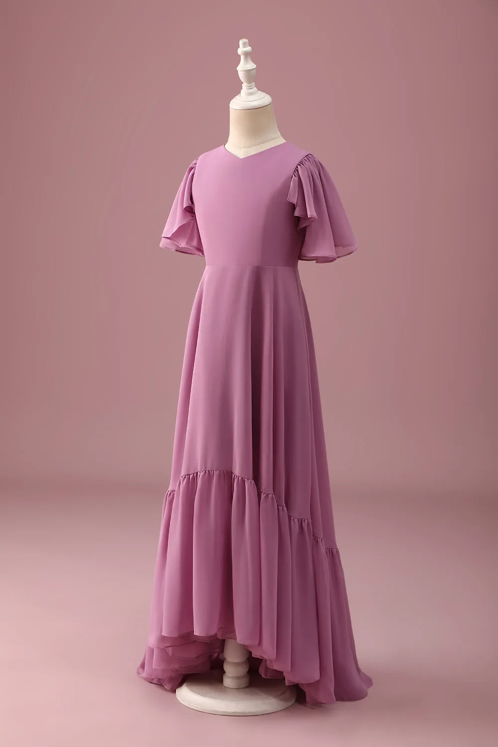 Vintage Mauve A Line Ruched Chiffon Junior Bridesmaid Dress With Short Sleeves sold by Zapaka product image thumbnail 3