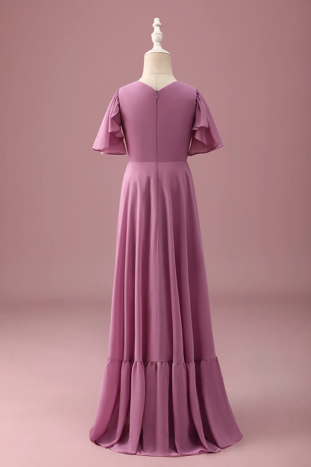 Vintage Mauve A Line Ruched Chiffon Junior Bridesmaid Dress With Short Sleeves sold by Zapaka product image thumbnail 2