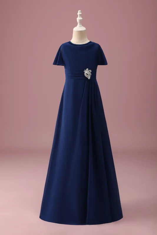 Navy Round Neck A Line Junior Bridesmaid Dress With Short Sleeves sold by Zapaka