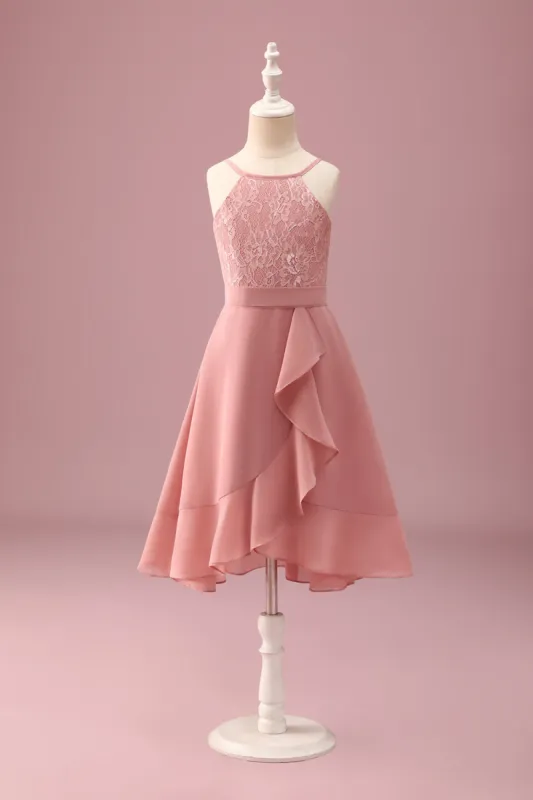 Blush Halter Neck A-Line Chiffon Junior Bridesmaid Dress with Ruffles sold by Zapaka