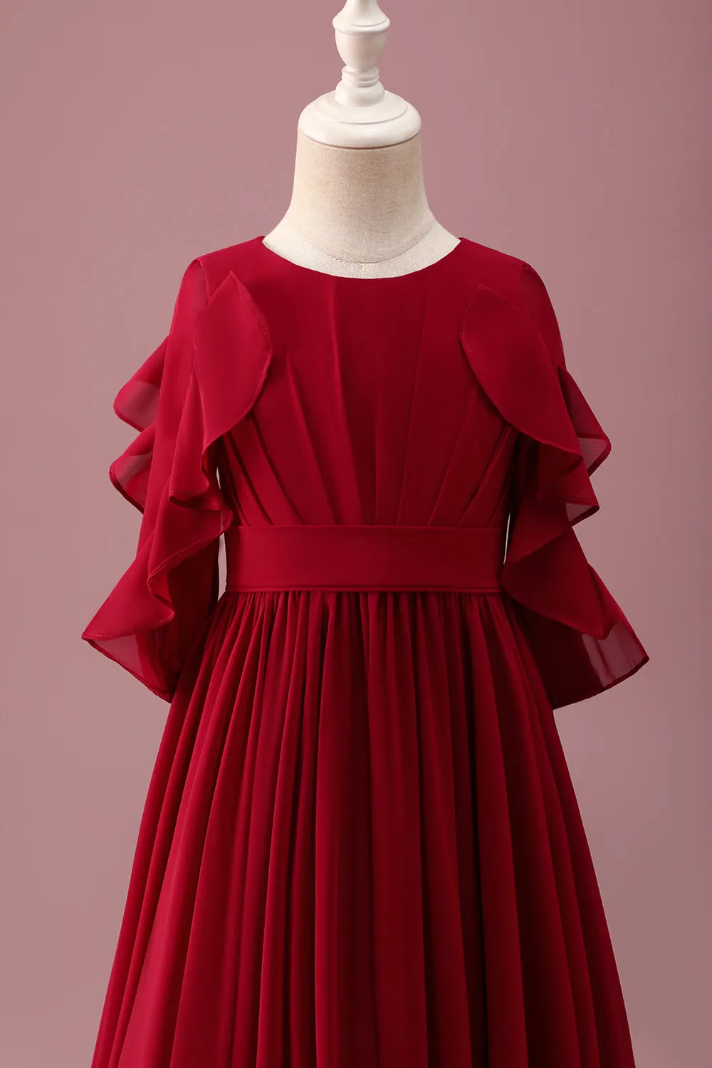 Burgundy A-Line Round Neck Chiffon Half Sleeves Long Junior Bridesmaid Dress sold by Zapaka product image thumbnail 4