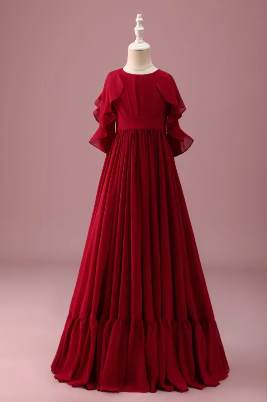 Burgundy A-Line Round Neck Chiffon Half Sleeves Long Junior Bridesmaid Dress sold by Zapaka