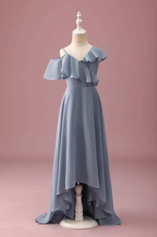 Grey Blue V-Neck A-Line Chiffon High Low Junior Bridesmaid Dress sold by Zapaka