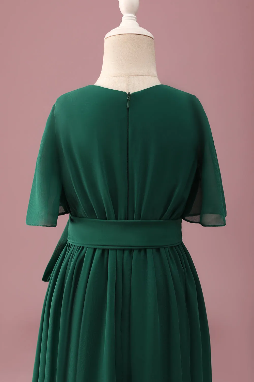Dark Green A-Line Round Neck Chiffon High Low Junior Bridesmaid Dress sold by Zapaka product image thumbnail 4