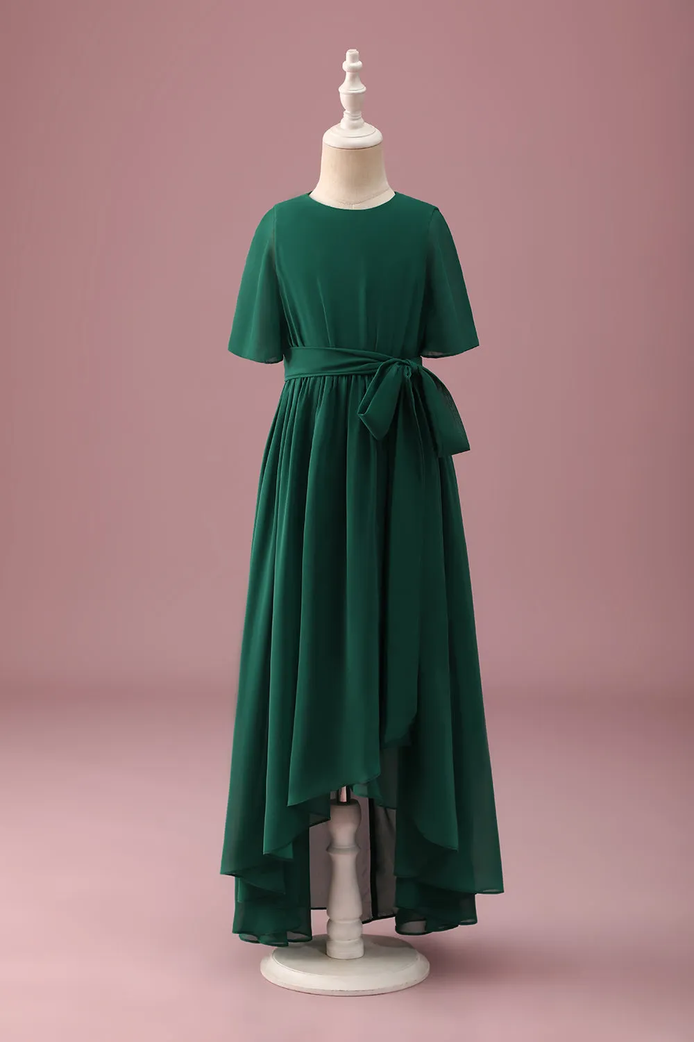 Dark Green A-Line Round Neck Chiffon High Low Junior Bridesmaid Dress sold by Zapaka
