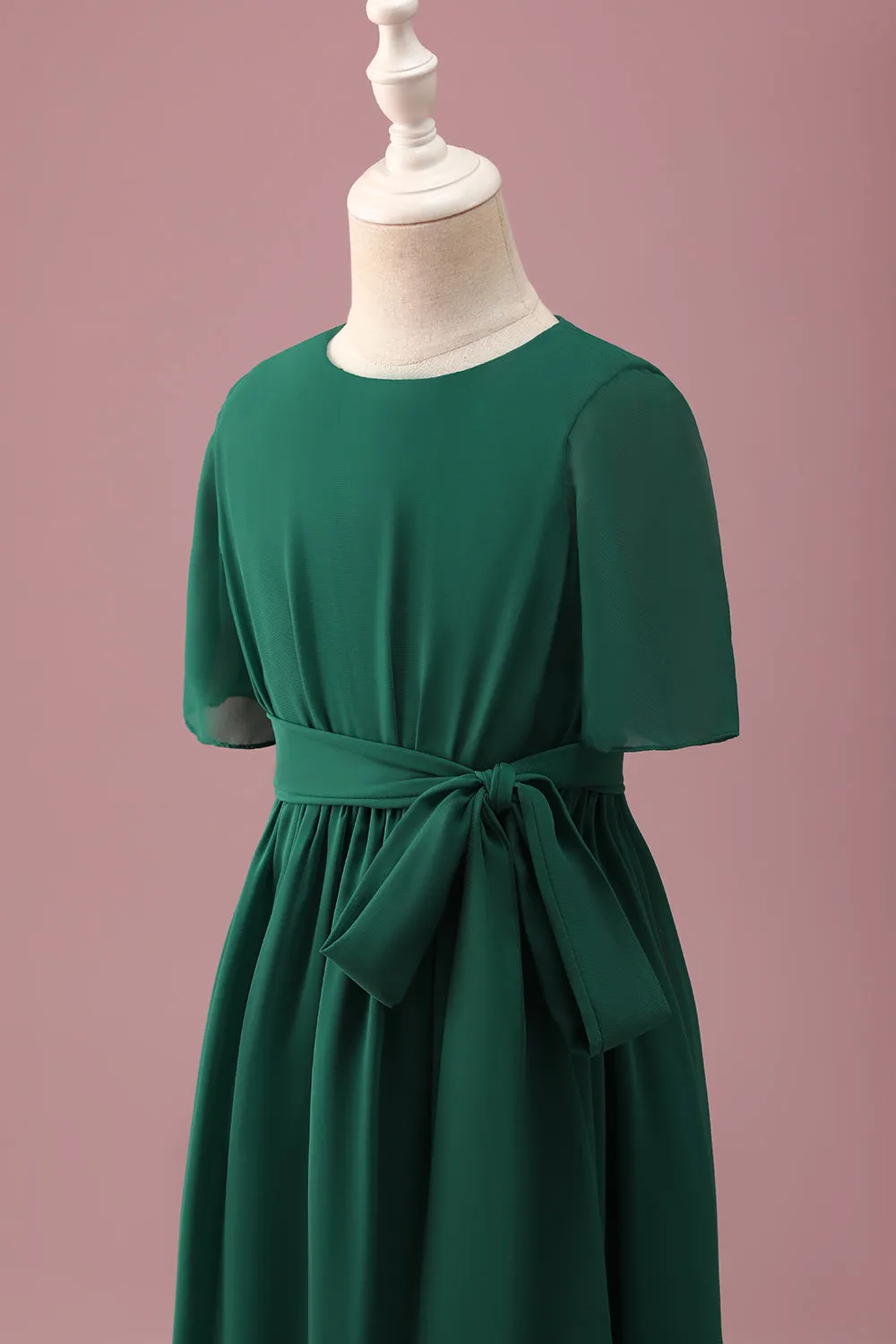 Dark Green A-Line Round Neck Chiffon High Low Junior Bridesmaid Dress sold by Zapaka product image thumbnail 5