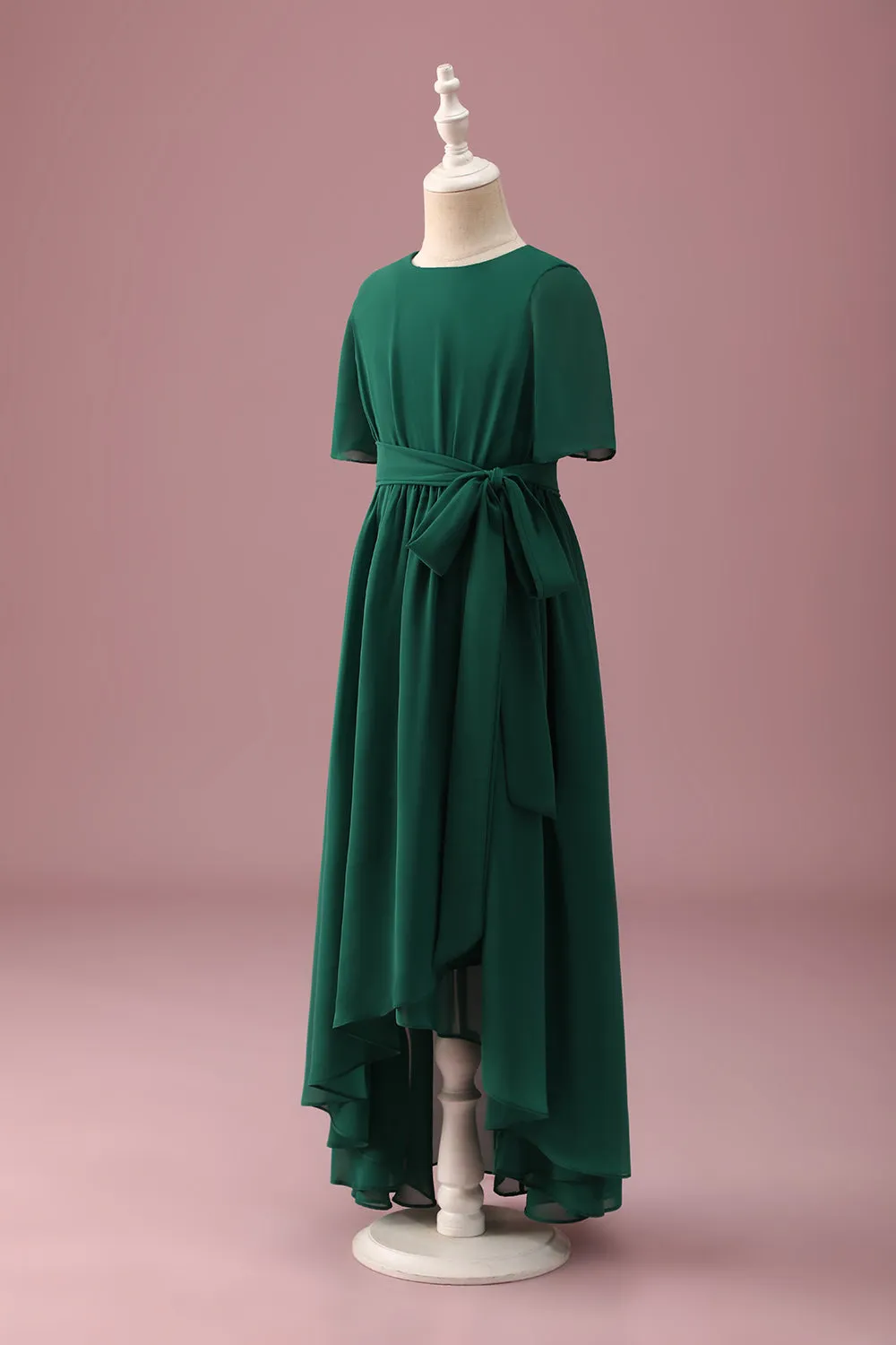Dark Green A-Line Round Neck Chiffon High Low Junior Bridesmaid Dress sold by Zapaka product image thumbnail 2