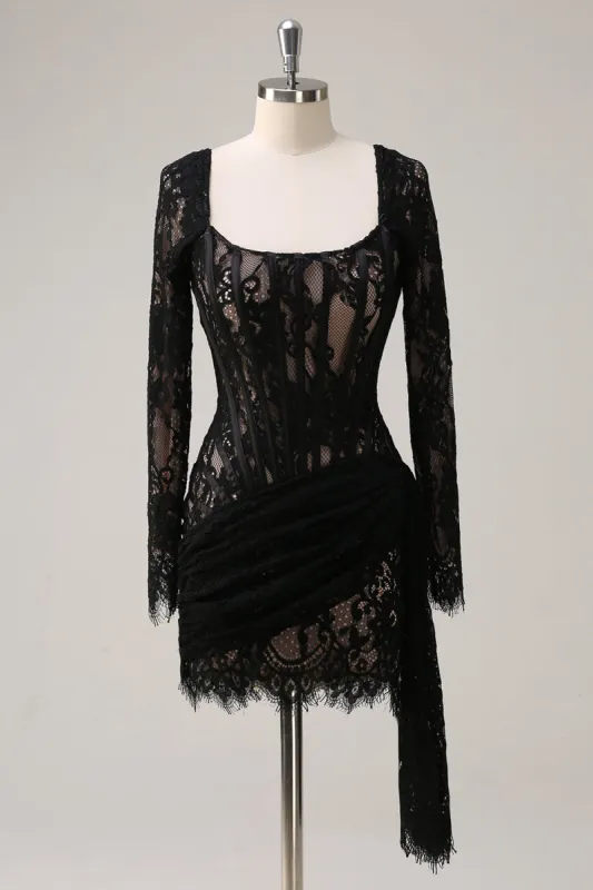 Black Square Neck Corset Ruched Backless Short Cocktail Dress with Long Sleeves sold by Zapaka