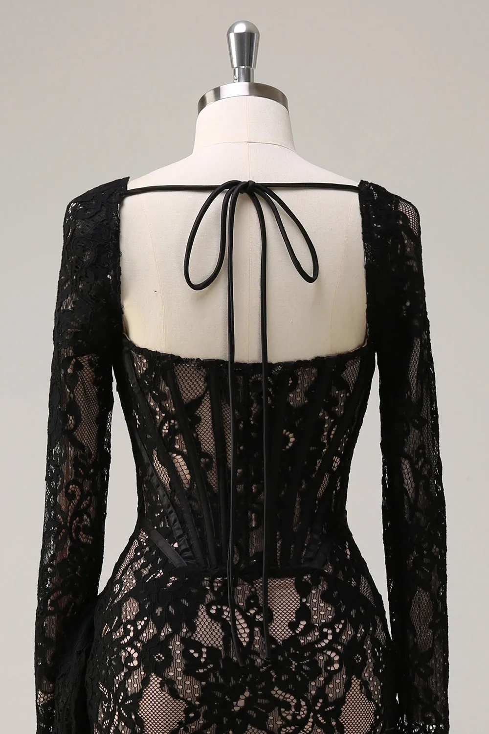 Black Square Neck Corset Ruched Backless Short Cocktail Dress with Long Sleeves sold by Zapaka product image thumbnail 5