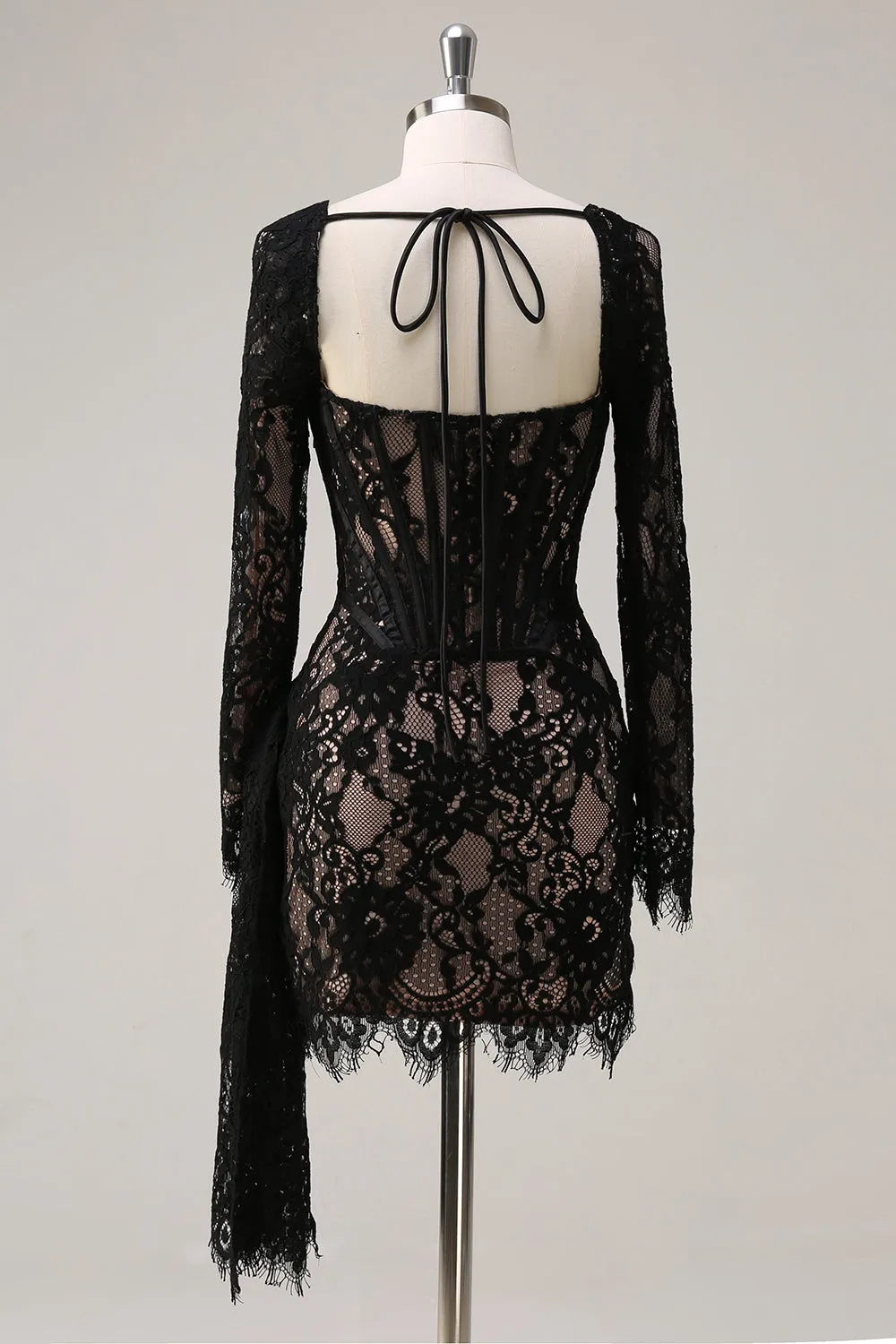 Black Square Neck Corset Ruched Backless Short Cocktail Dress with Long Sleeves sold by Zapaka product image thumbnail 2