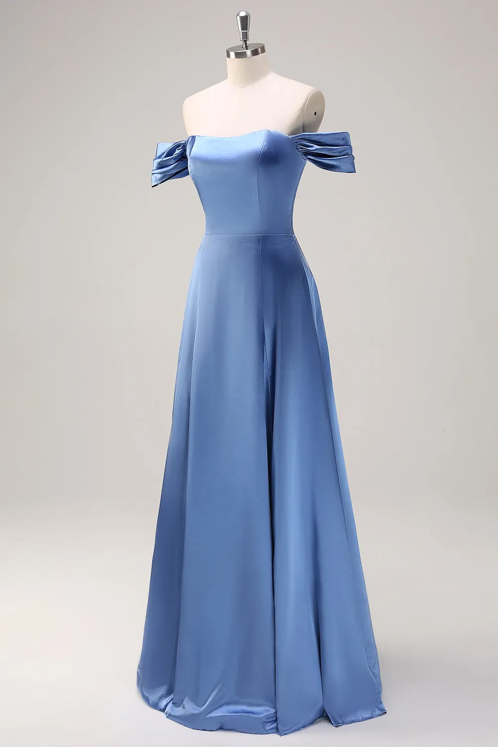 Dusty Blue A Line Off The Shoulder Satin Long Bridesmaid Dress sold by Zapaka product image thumbnail 3