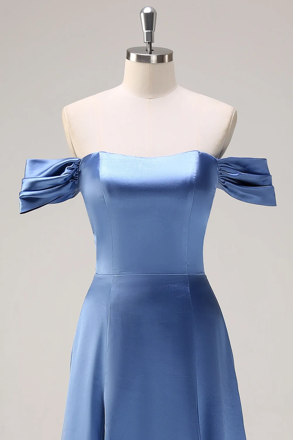 Dusty Blue A Line Off The Shoulder Satin Long Bridesmaid Dress sold by Zapaka product image thumbnail 4