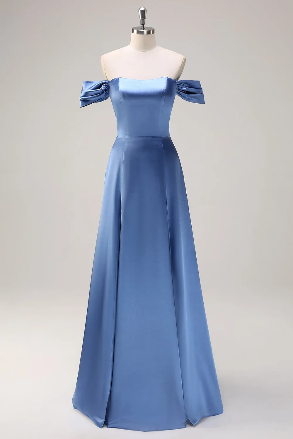 Dusty Blue A Line Off The Shoulder Satin Long Bridesmaid Dress sold by Zapaka