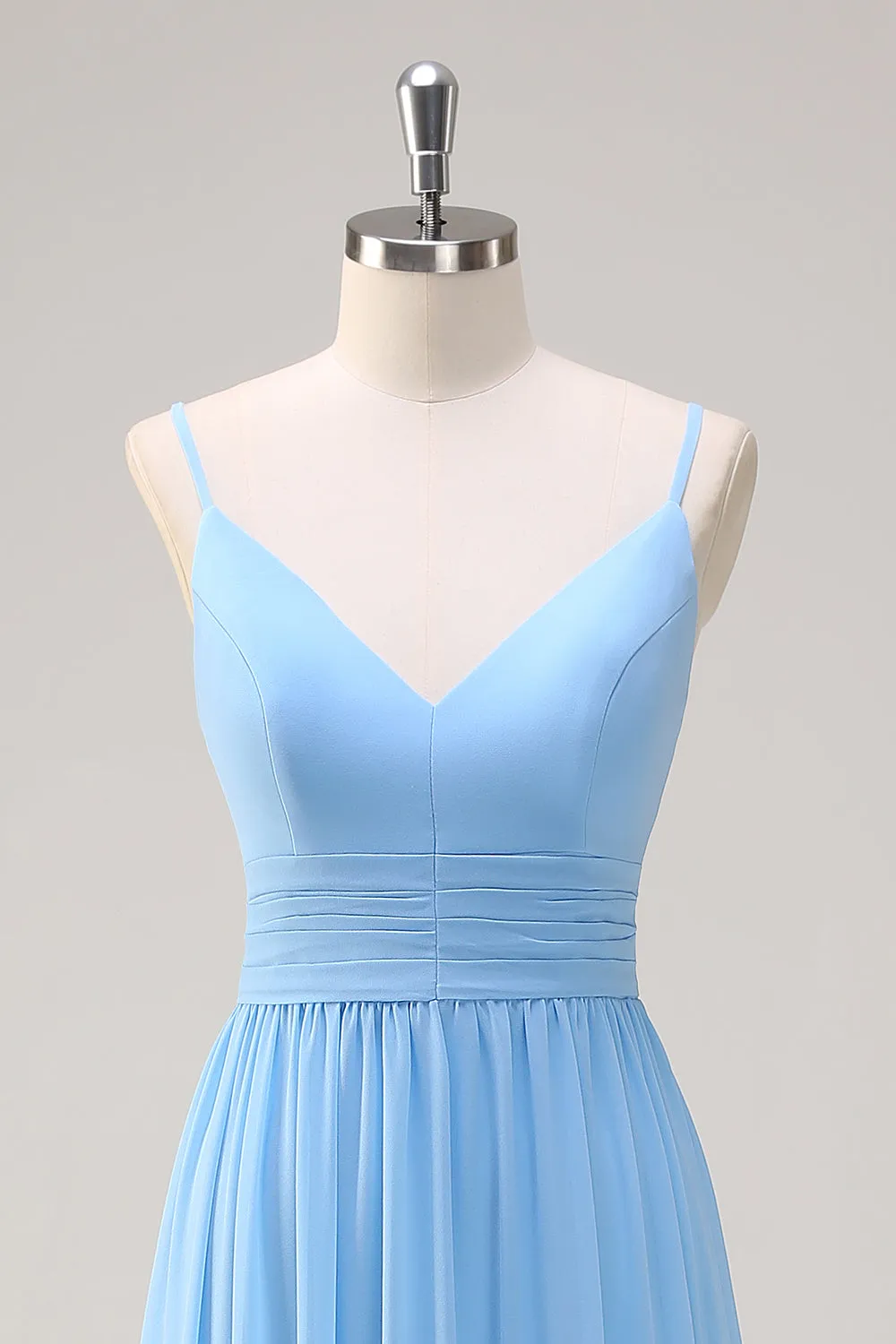 Blue A Line Spaghetti Straps V Neck Tiered Long Bridesmaid Dress sold by Zapaka product image thumbnail 4