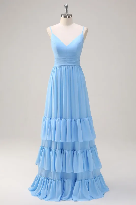 Blue A Line Spaghetti Straps V Neck Tiered  Long Bridesmaid Dress sold by Zapaka