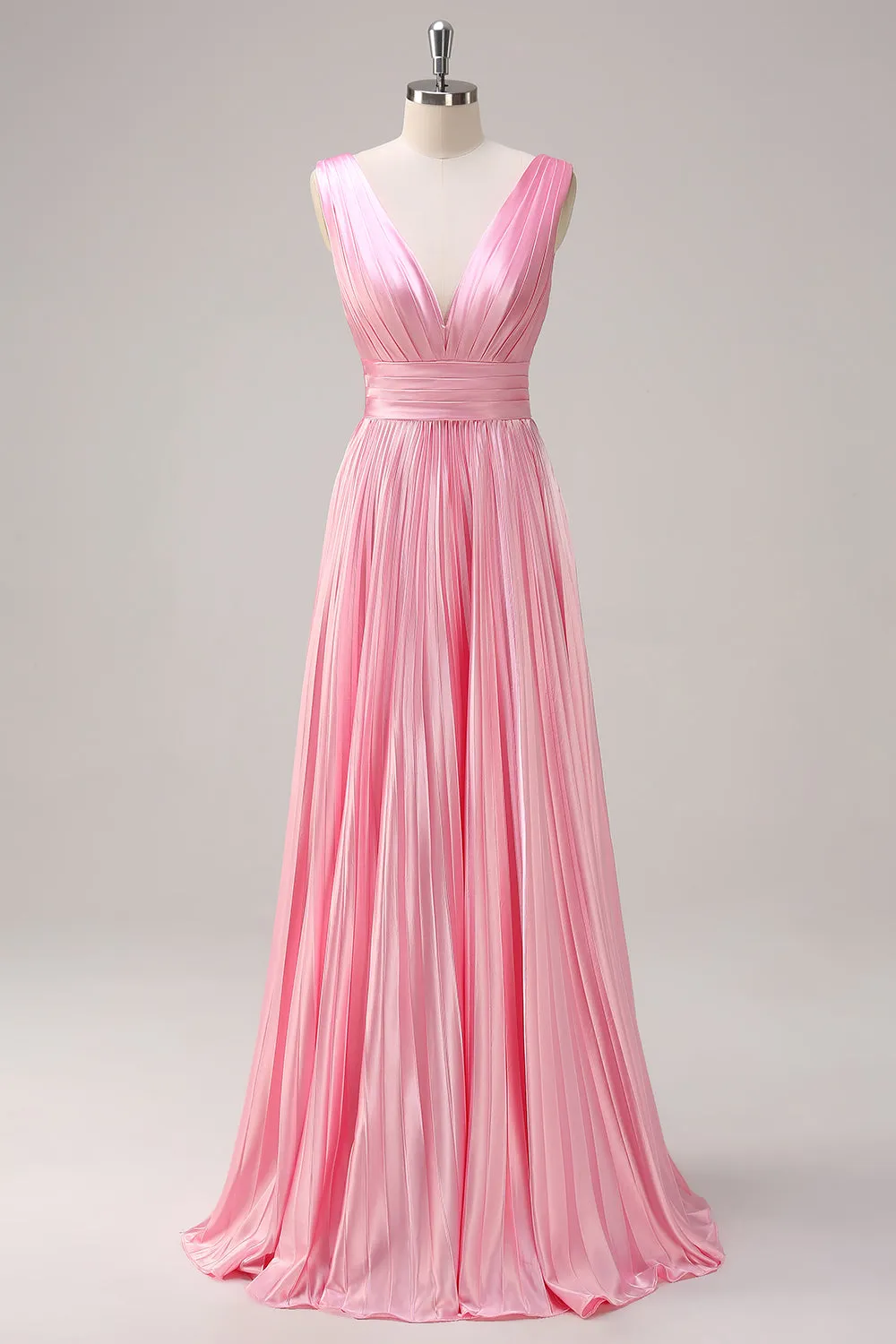 Pink A Line V Neck Chiffon Open Back Pleated Long Bridesmaid Dress sold by Zapaka