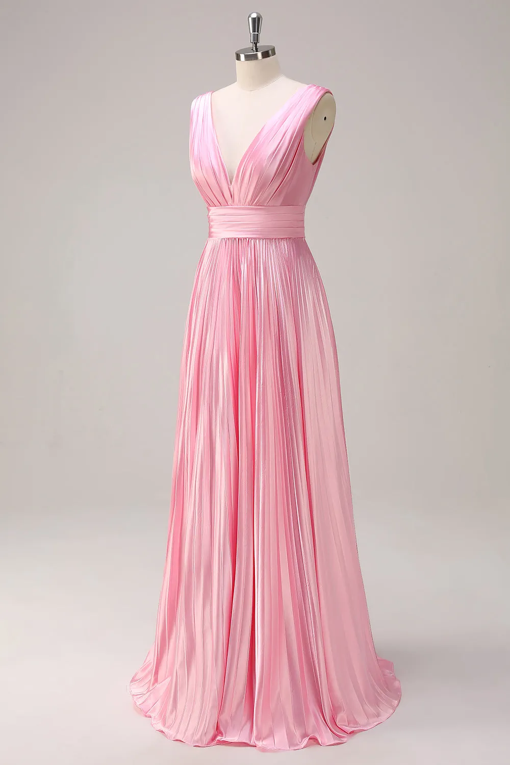 Pink A Line V Neck Chiffon Open Back Pleated Long Bridesmaid Dress sold by Zapaka product image thumbnail 3