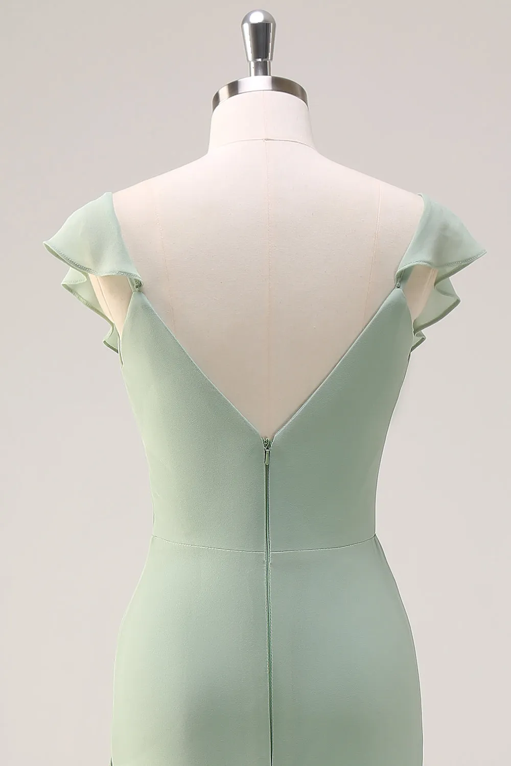 Dusty Sage Mermaid V Neck Long Open Back Bridesmaid Dress with Ruffles sold by Zapaka product image thumbnail 5
