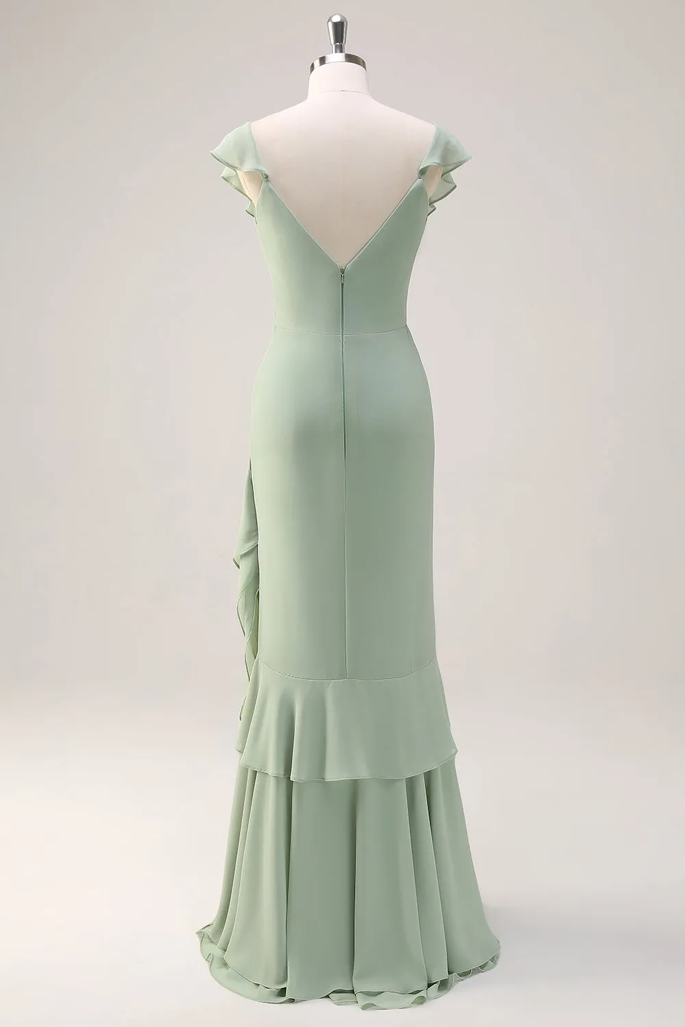 Dusty Sage Mermaid V Neck Long Open Back Bridesmaid Dress with Ruffles sold by Zapaka product image thumbnail 2