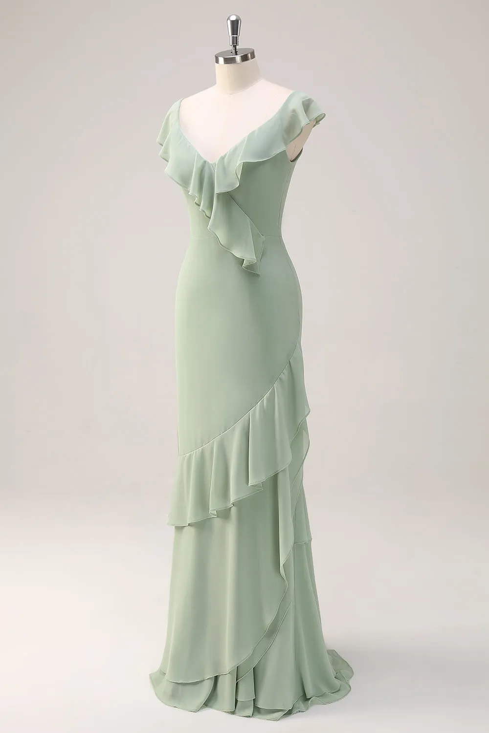 Dusty Sage Mermaid V Neck Long Open Back Bridesmaid Dress with Ruffles sold by Zapaka product image thumbnail 3