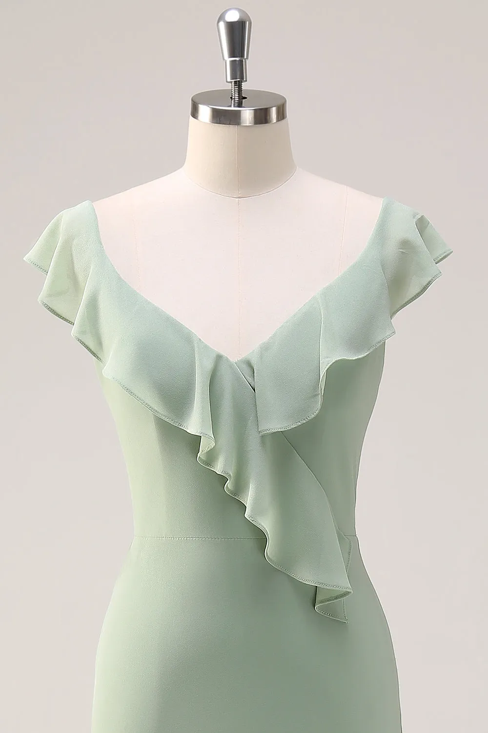 Dusty Sage Mermaid V Neck Long Open Back Bridesmaid Dress with Ruffles sold by Zapaka product image thumbnail 4