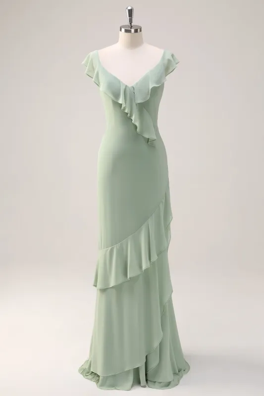 Dusty Sage Mermaid V Neck Long Open Back Bridesmaid Dress with Ruffles sold by Zapaka