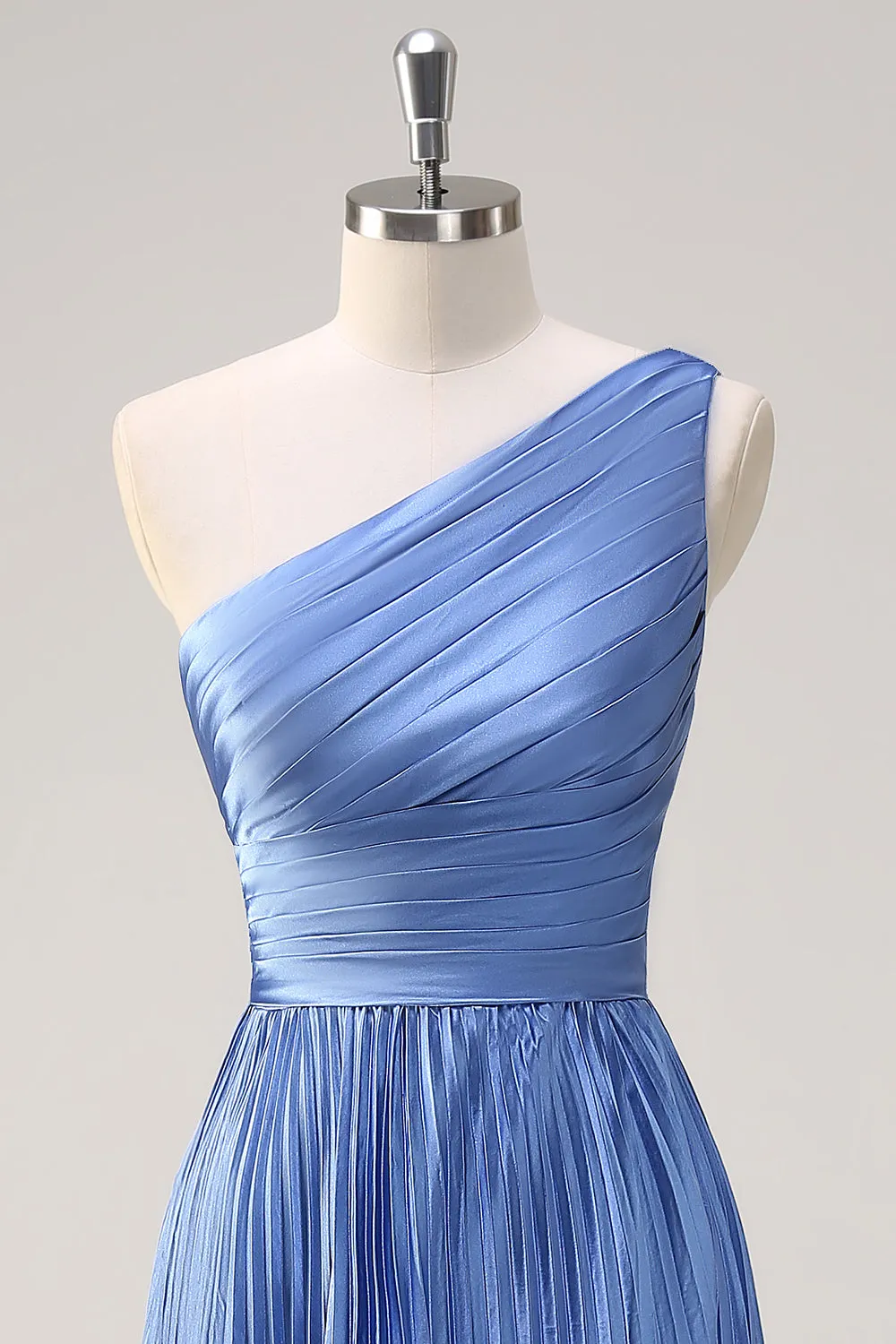 Blue A Line One Shoulder Pleated Long Bridesmaid Dress with Ruffle Slit sold by Zapaka product image thumbnail 4