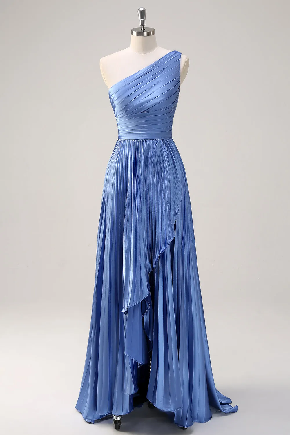 Blue A Line One Shoulder Pleated Long Bridesmaid Dress with Ruffle Slit sold by Zapaka