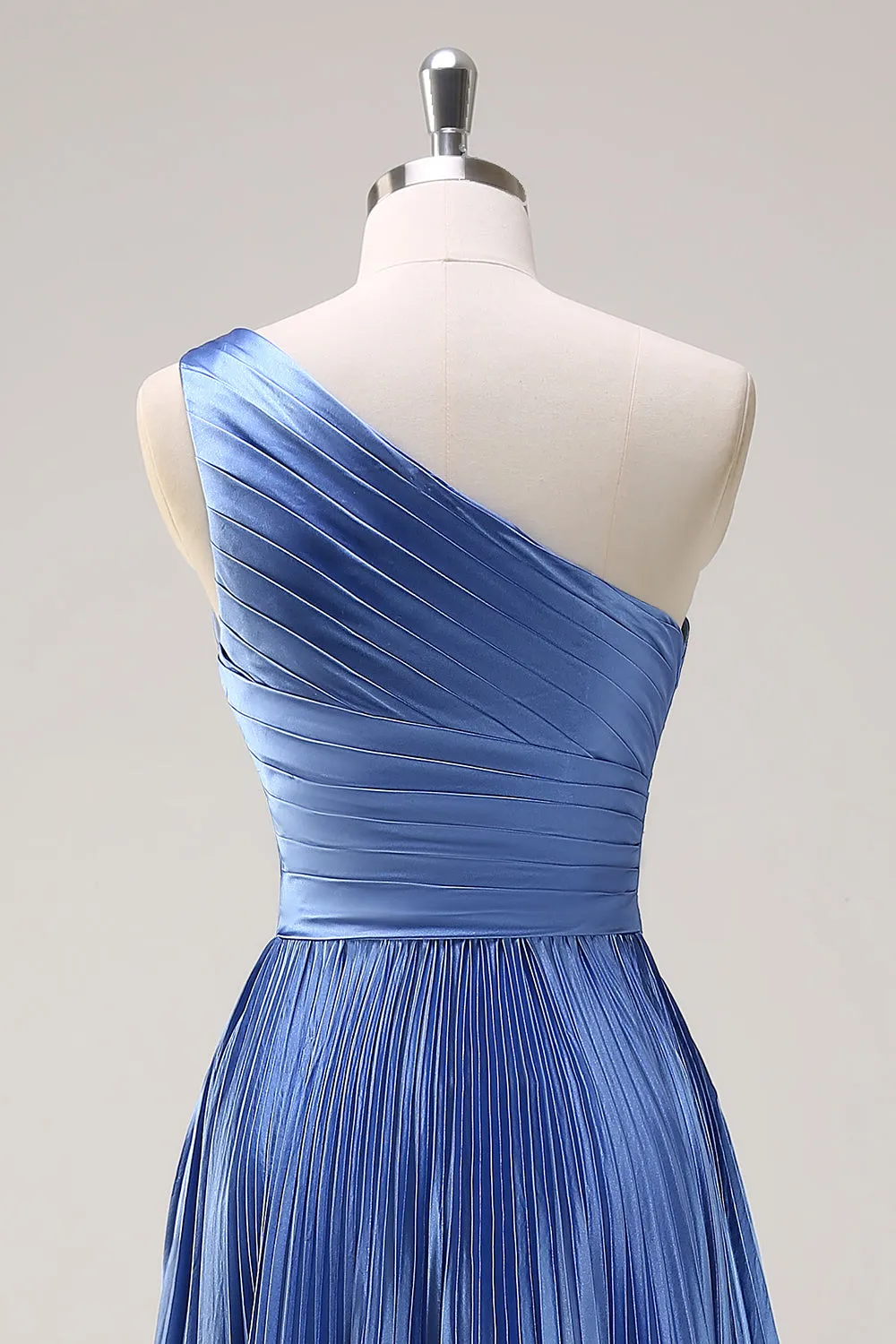 Blue A Line One Shoulder Pleated Long Bridesmaid Dress with Ruffle Slit sold by Zapaka product image thumbnail 5