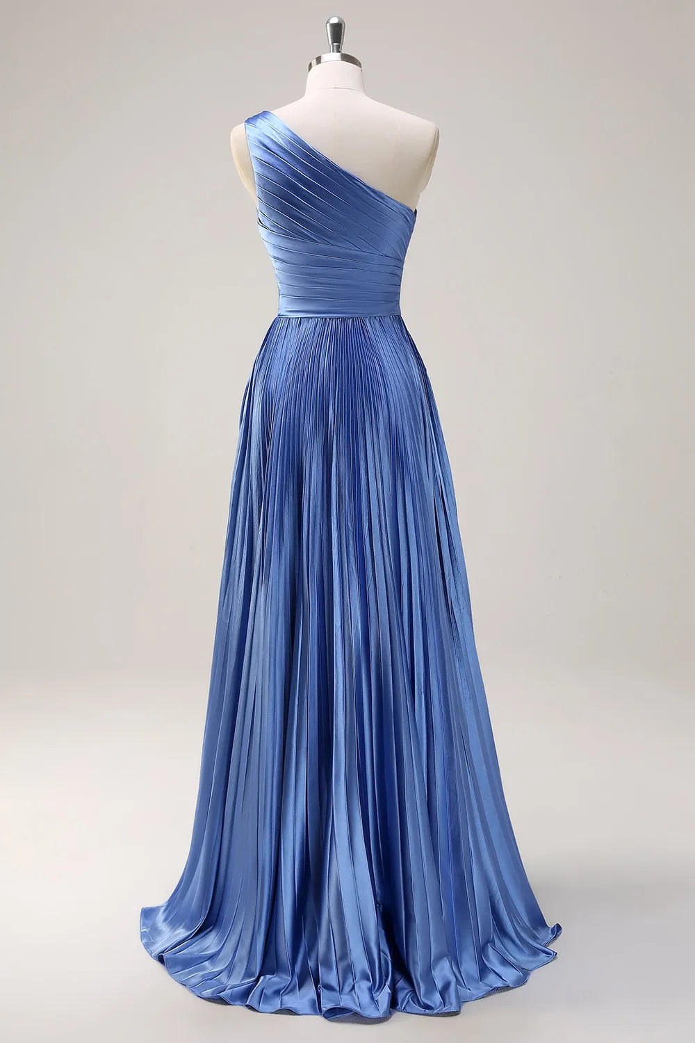 Blue A Line One Shoulder Pleated Long Bridesmaid Dress with Ruffle Slit sold by Zapaka product image thumbnail 2