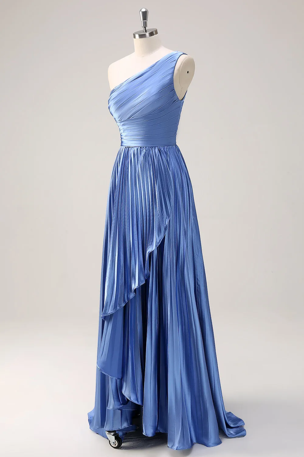 Blue A Line One Shoulder Pleated Long Bridesmaid Dress with Ruffle Slit sold by Zapaka product image thumbnail 3