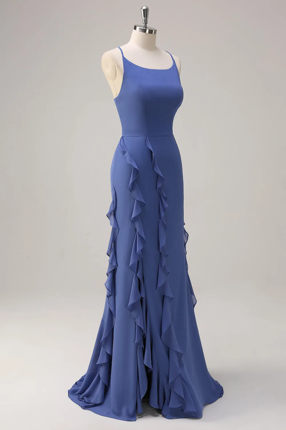Dark Blue Bodycon Spaghetti Straps Long Bridesmaid Dress with Ruffles Slit sold by Zapaka product image thumbnail 3